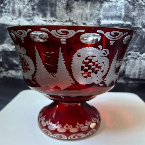 Egermann Czech Republic Bohemian Ruby Red Footed Compote Bowl - Picture 6 of 8